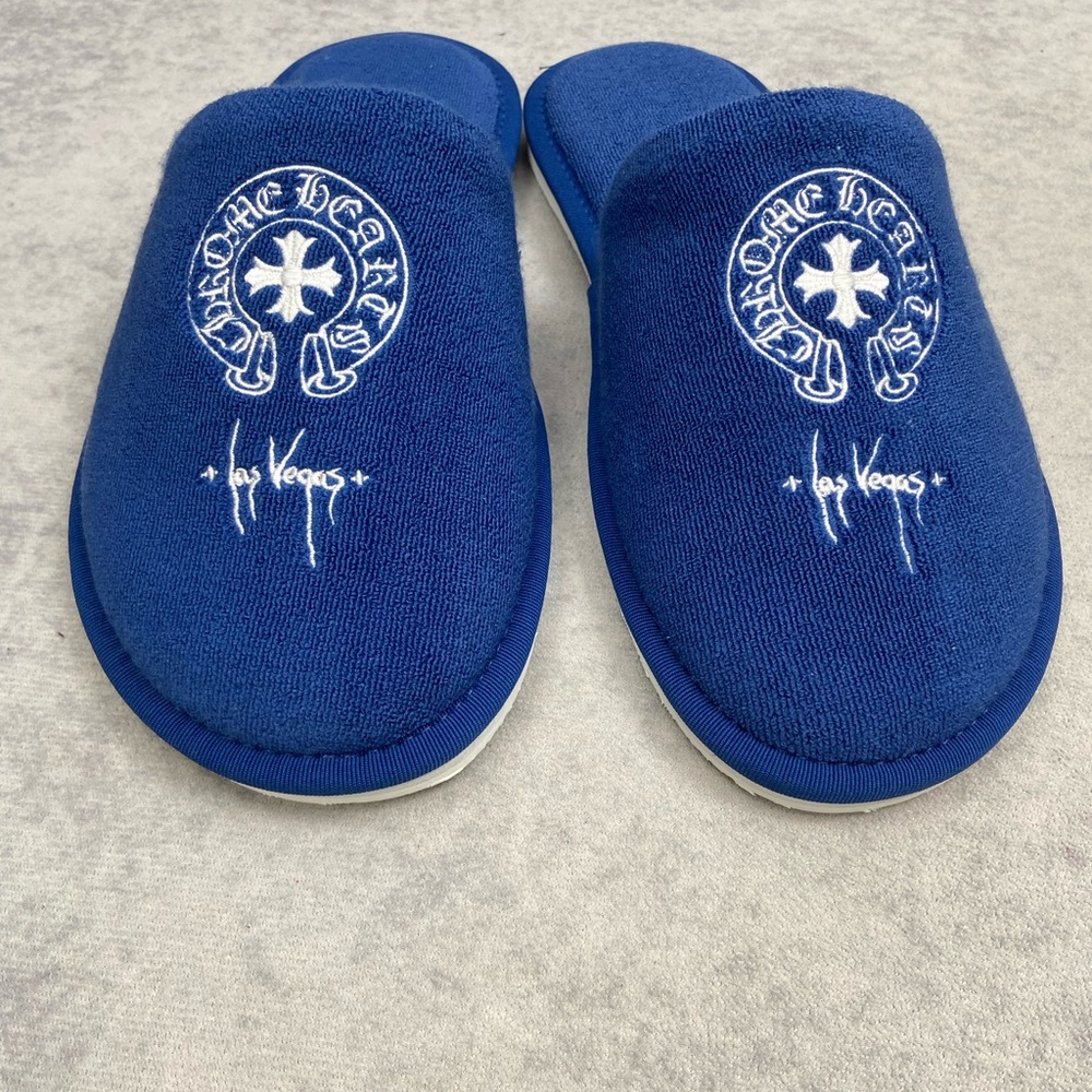 Chrome Hearts Blue Embroidered Terry Slip-On Slippers